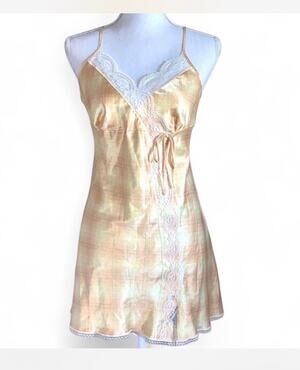 Vintage Y2K Victorias Secret Angel Yellow Plaid Lace Trim Satin Slip Dress Large